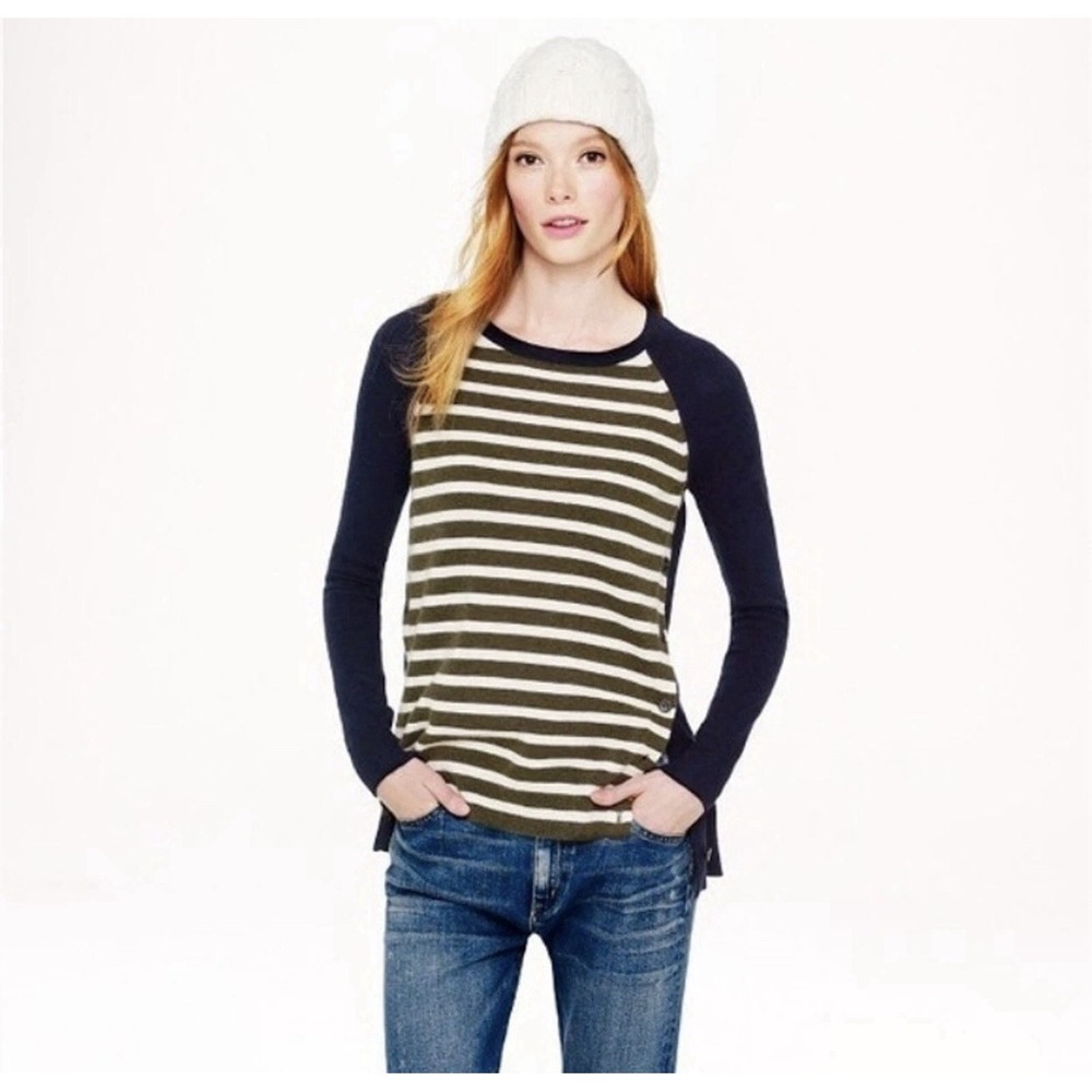J. Crew Wool Blend Side Button Elbow Patch Striped Front Sweater Size S